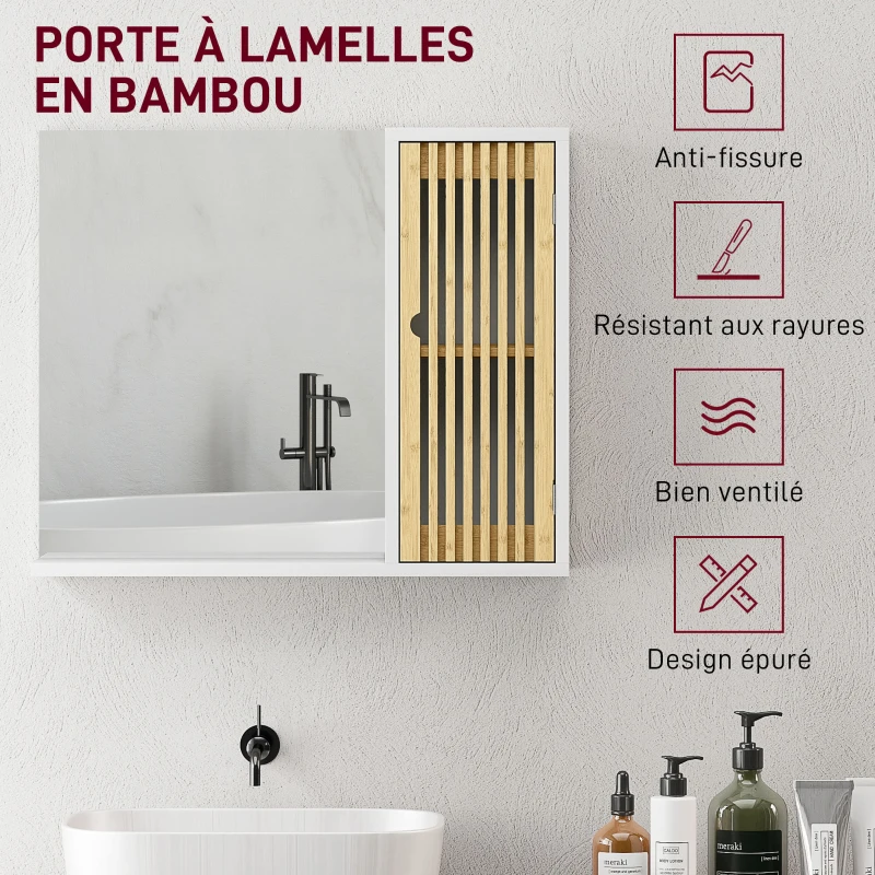 HOMCOM Armoire de salle de bain avec miroir, étagère, porte à lattes en bambou et étagère réglable, blanc