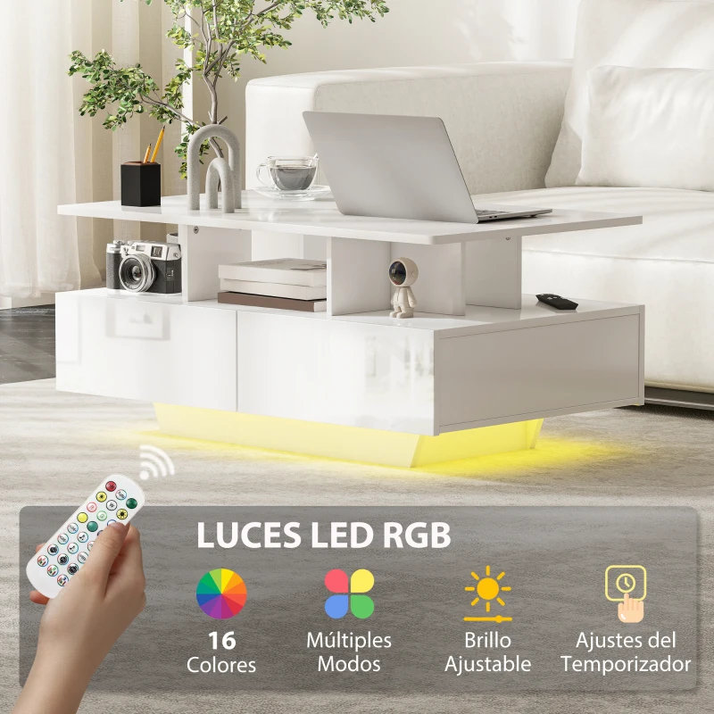 HOMCOM Mesa de Centro LED Moderna con 4 Cajones Estante Abierto y Luces LED de 16 Colores para Salón 90x55x41 cm Blanco Brillo