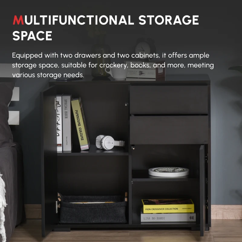 HOMCOM High Gloss Frame Sideboard, Side Cabinet, Push-Open Design with 2 Drawer for Living Room, Bedroom, Black