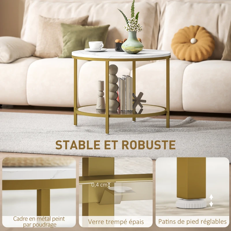 HOMCOM Table basse salon ronde moderne à 2 niveaux plateau effet marbre et étagère en verre trempé, Ø 60 x 45 cm, blanc et doré