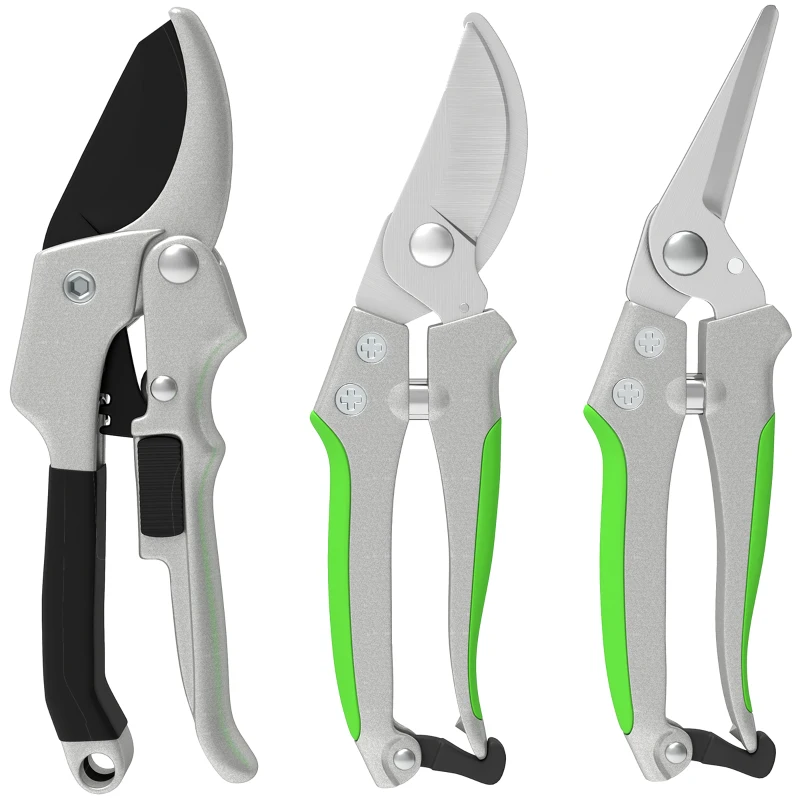 Outsunny Lot de 3 sécateurs de jardin, ensemble de coupe pour jardinage, avec lame tranchante, en métal et aluminium, argent noir