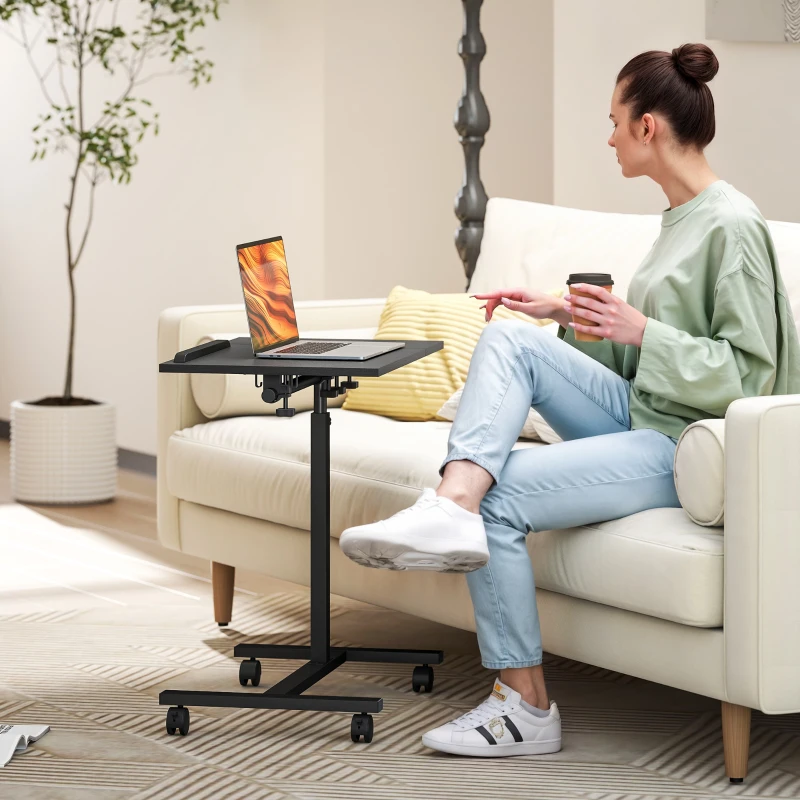 HOMCOM Tavolino da Divano Porta PC a Forma di C con Ruote Bloccabili e Piano Inclinabile, Nero