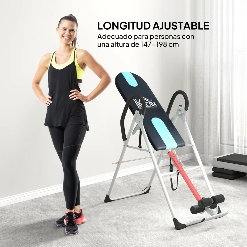 HOMCOM Tabla de Inversión Gravitacional Plegable con Altura Ajustable a 147-198cm y Cinturón 112-142x65x126 cm Negro y Azul