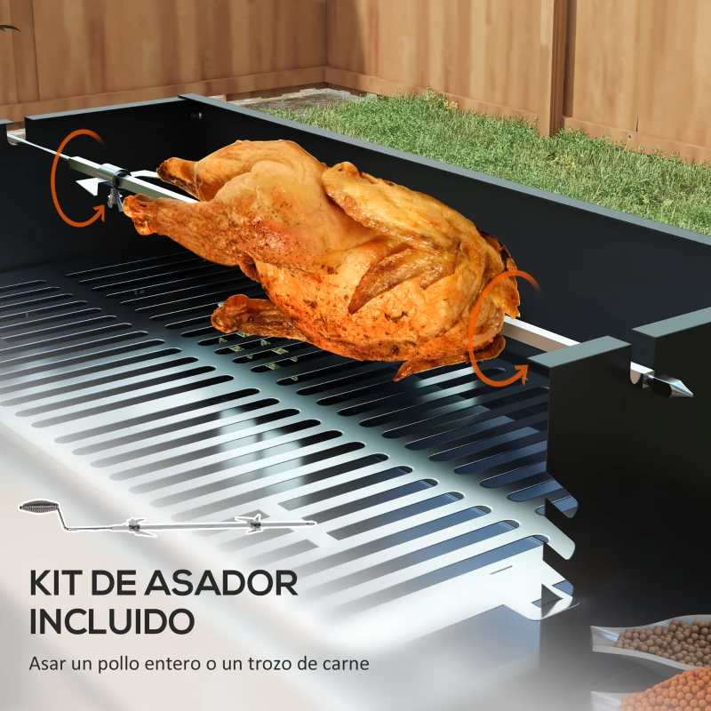 Outsunny Barbacoa de Carbón Portátil con Pincho Giratorio Parrilla Estantes Plegables y Paravientos 118x32x90 cm Negro