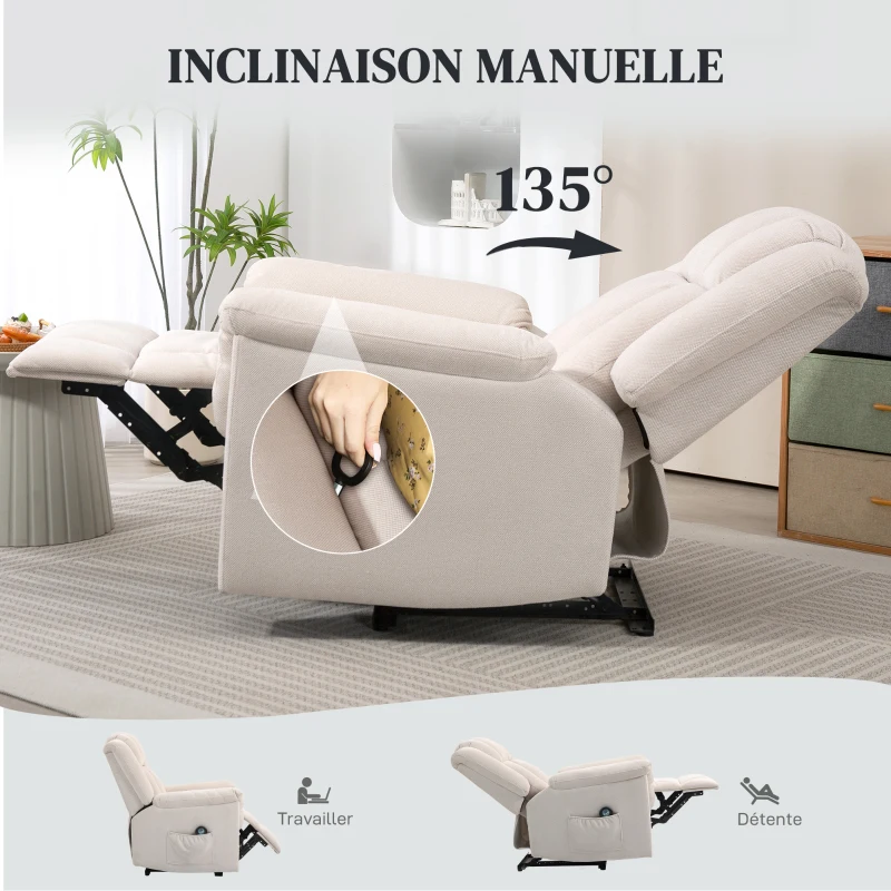 HOMCOM Fauteuil relax électrique massant et chauffant, fauteuil inclinable, dossier réglable manuellement, 85x91x104cm, beige