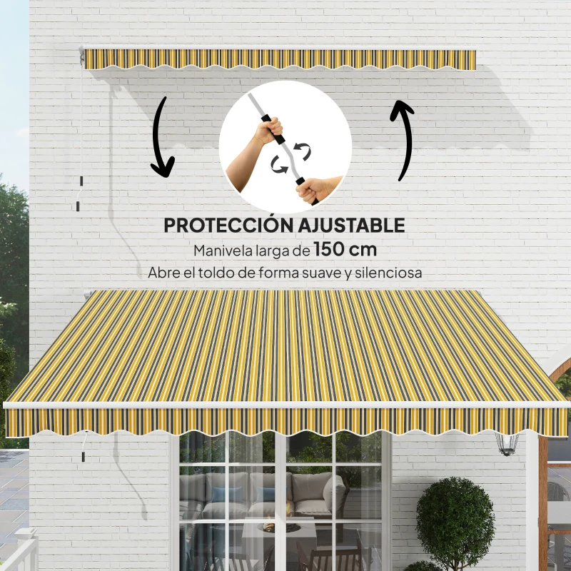 Outsunny Toldo para Balcón 350x250 cm con Manivela de Metal Impermeable y Anti-UV para Jardín Terraza Ventanas Gris y Amarillo