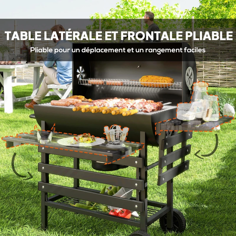 Outsunny Barbecue charbon de bois avec tablette avant pliable, avec grille de cuisson, 2 roues, 114 x 65 x 95 cm, noir