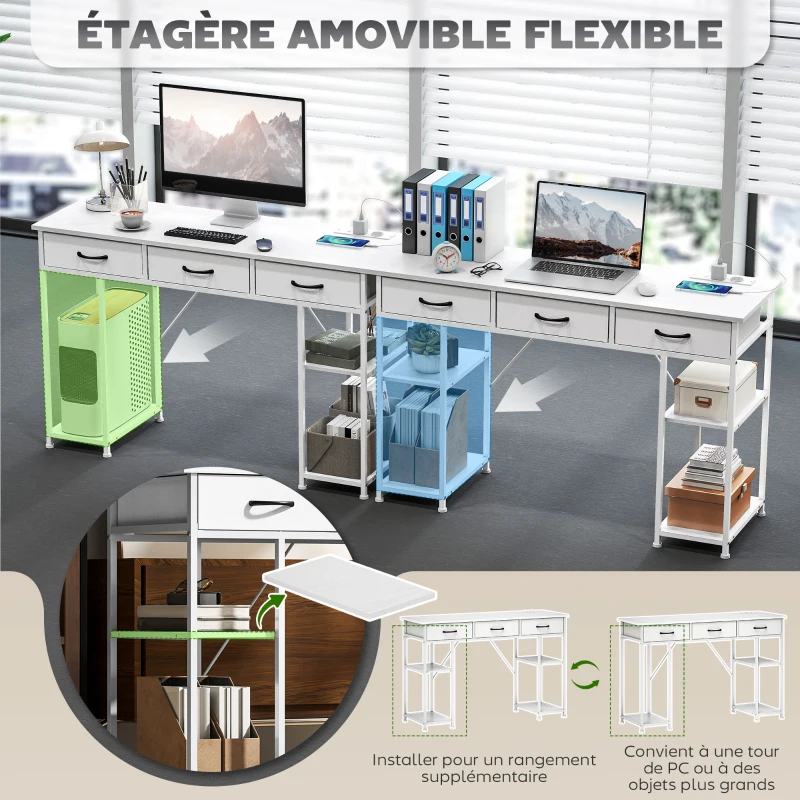 HOMCOM Bureau avec rangement avec prises de courant, 3 tiroirs en tissu et 4 étagères de rangement, 120 x 40 x 76 cm, blanc