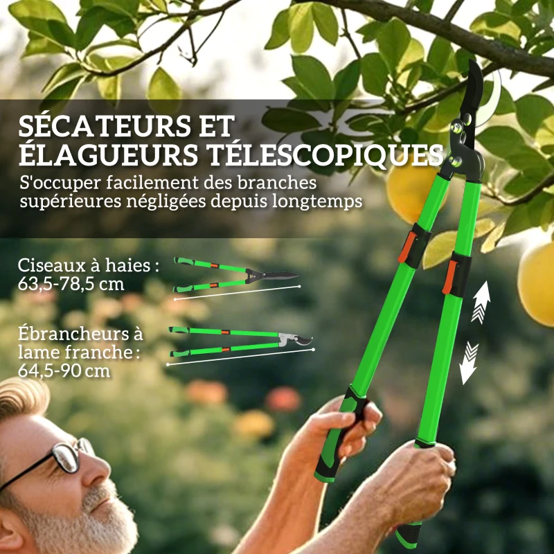 Outsunny Lot de 2 cisailles de jardin, cisaille à haies longueur 63,5-78,5 cm sécateur à enclume longueur 64,5-90 cm vert et noir