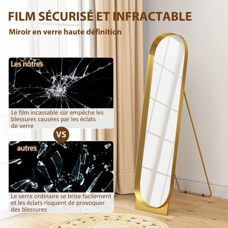 HOMCOM Miroir sur pied arqué 40 x 160 cm cadre en métal et film antidéflagrant montage au sol ou appuyé contre le mur doré