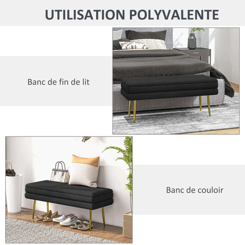 HOMCOM Banc banquette coffre de rangement 2 en 1 assise aspect velours et pieds acier - 100 x 37,5 x 42 cm noir et doré