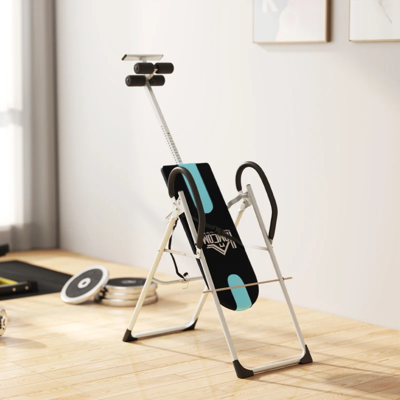 HOMCOM Tabla de Inversión Gravitacional Plegable con Altura Ajustable a 147-198cm y Cinturón 112-142x65x126 cm Negro y Azul