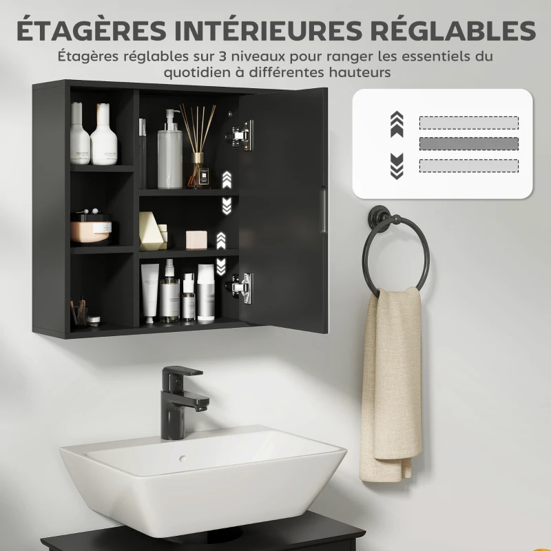 HOMCOM Meuble salle de bain avec miroir, placard à portes et 6 compartiments ouverts, 60 x 14,5 x 49,4 cm, noir