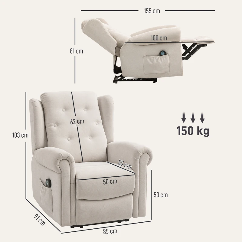 HOMCOM Fauteuil relax électrique massant et chauffant avec dossier et repose-pieds réglable manuellement, poche latérale, beige