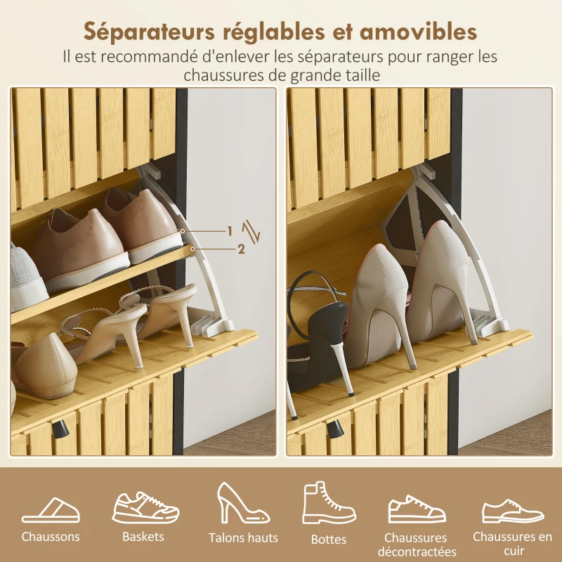 HOMCOM Meuble à chaussures 18 paires avec 3 tiroirs rabattables, portes en bambou à lattes, 60x24x118cm, noir et bois naturel