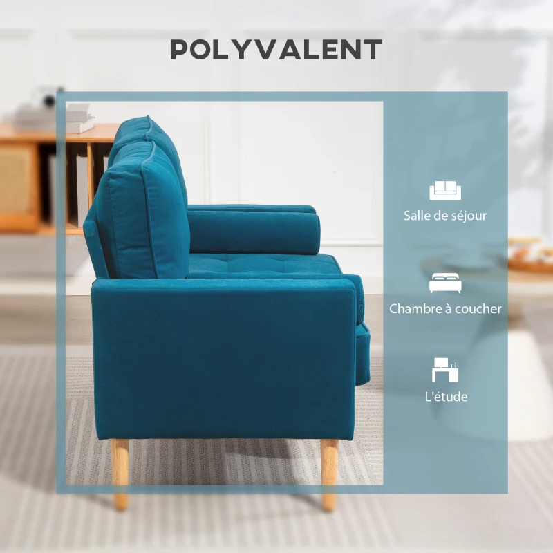 HOMCOM Canapé 2 places moderne en velours 127 cm avec coussins épais, 2 oreillers et assise capitonnée, bleu