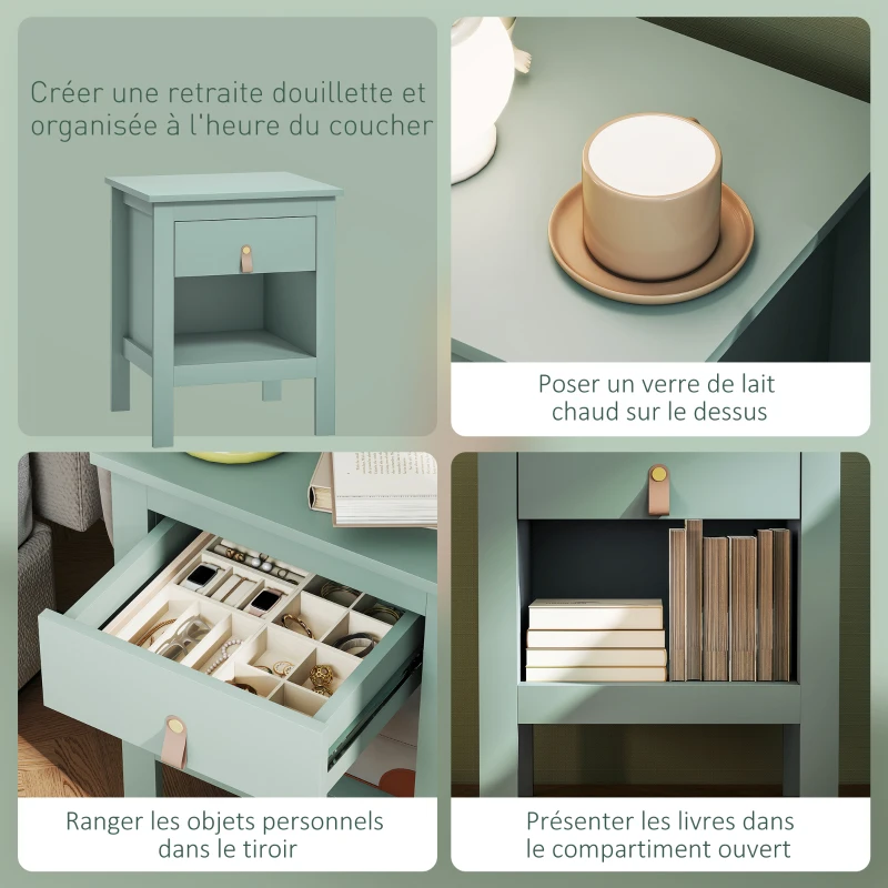 HOMCOM Lot de 2 tables de chevet avec tiroir et compartiment ouvert, 45 x 40 x 55 cm, vert