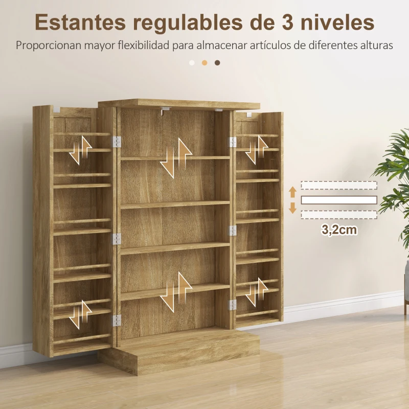 HOMCOM Armario Despensa Cocina con 2 Puertas de Ratán y 16 Estantes Alacena Moderna con Estantes Ajustables 60x30x104cm Natural