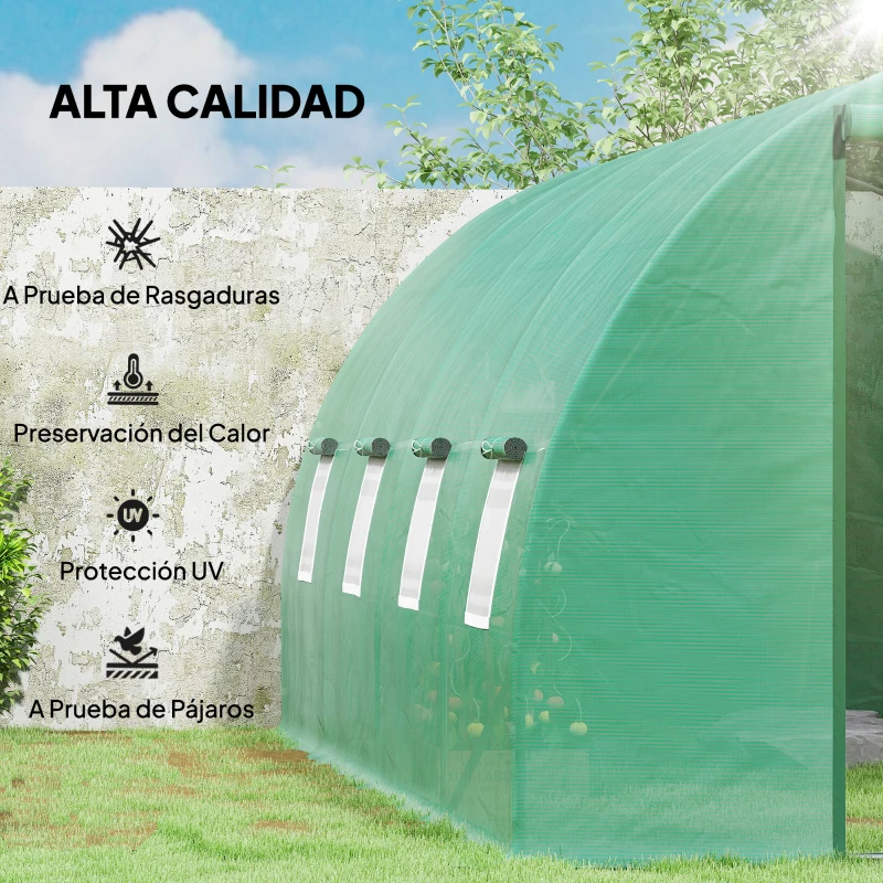 Outsunny Invernadero de Túnel 600x300x200 cm Invernadero de Jardín con Puerta Enrollable 8 Ventanas Cubierta PE 140g/m² y Tubo de Acero para Cultivos Plantas Verduras Verde