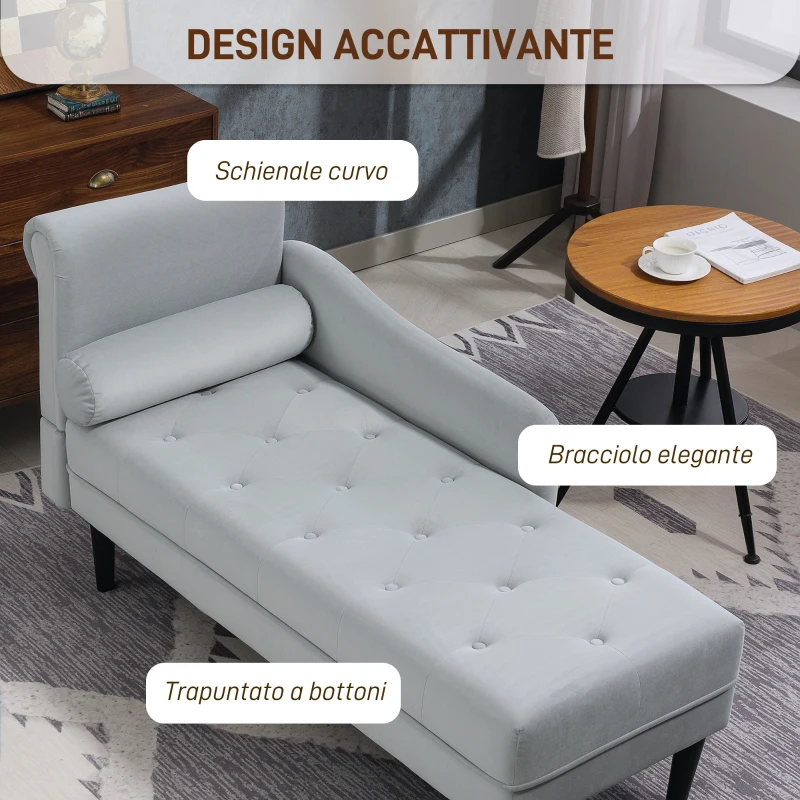HOMCOM Chaise Longue con Rivestimento Trapuntato Effetto Velluto Grigio, in Legno Massello e Spugna, 146x61x82.5 cm