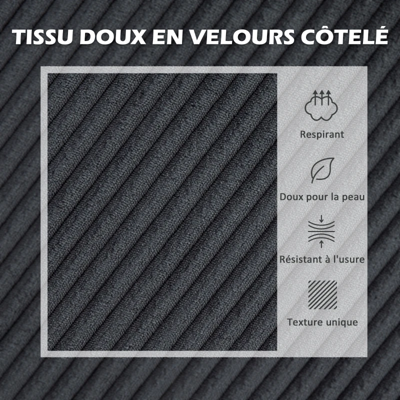 HOMCOM Canapé d'angle en velours côtelé 3 places avec méridienne et coussin à ressorts épais, largeur 214 cm, gris foncé