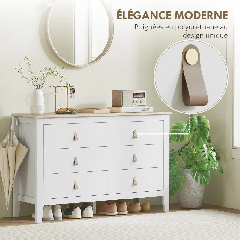 HOMCOM Commode 6 tiroirs meuble de rangement style contemporain avec poignées en polyuréthane, 120 x 40 x 78 cm, blanc