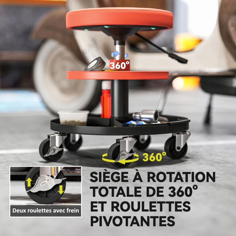 HOMCOM Tabouret d'atelier à roulettes, tabouret de mécanicien avec hauteur réglable 40-51 cm, 2 étagères 38x38x51cm, jaune