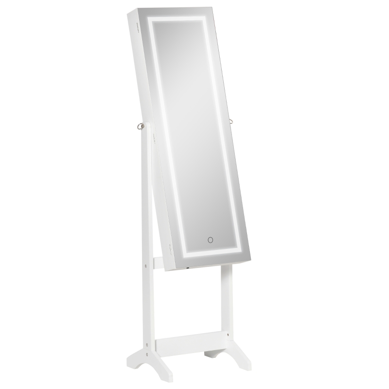 HOMCOM Armario de Joyería con Tira de Luces LED Cerradura Magnética y Estantes Ranuras para Anillos 46x36,5x151,5 cm Blanco