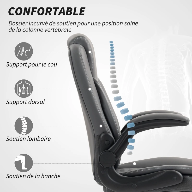HOMCOM Fauteuil de bureau, chaise bureau ergonomique avec accoudoirs relevables, hauteur réglable, fonction de bascule, gris