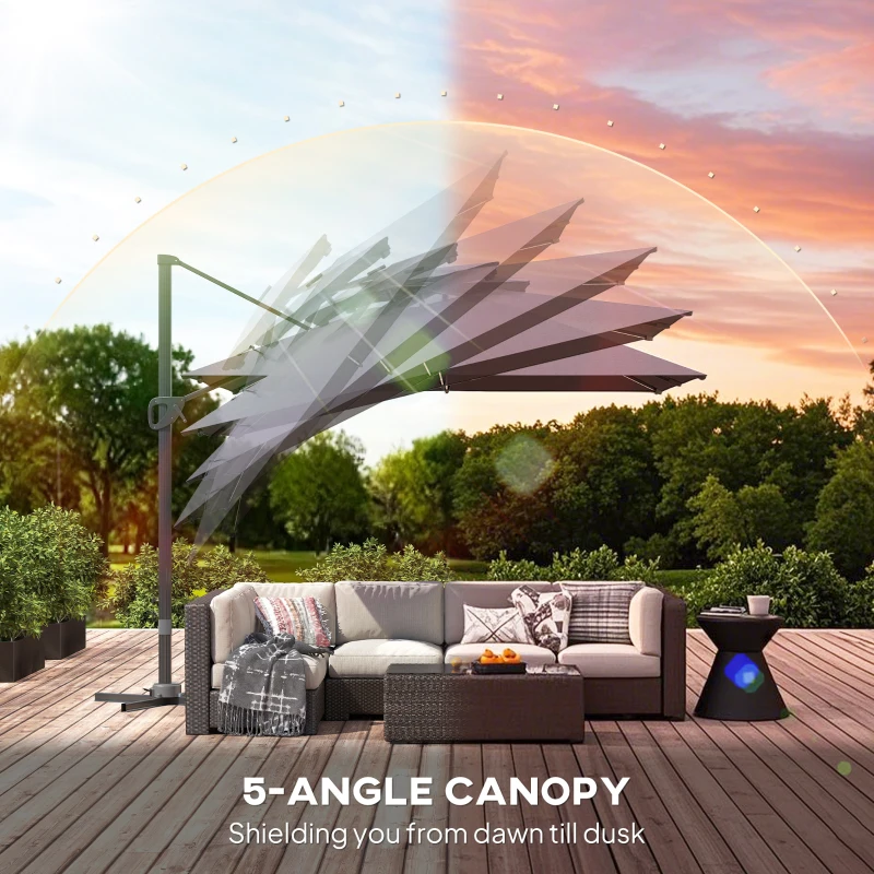 Outsunny 3.5x3 m Garden Cantilever Parasol with Solar LED Lights and Centre Light, Aluminium Large Square Patio Umbrella, UPF50+ Hanging Sun Shade with Cross Base, Crank Handle and Tilt, Grey