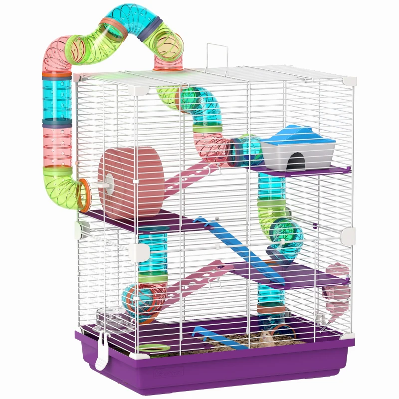 PawHut Cage pour hamster rongeur 4 étages avec tunnels mangeoire roue maison échelles 46 x 30 x 58 cm violet(m-10)