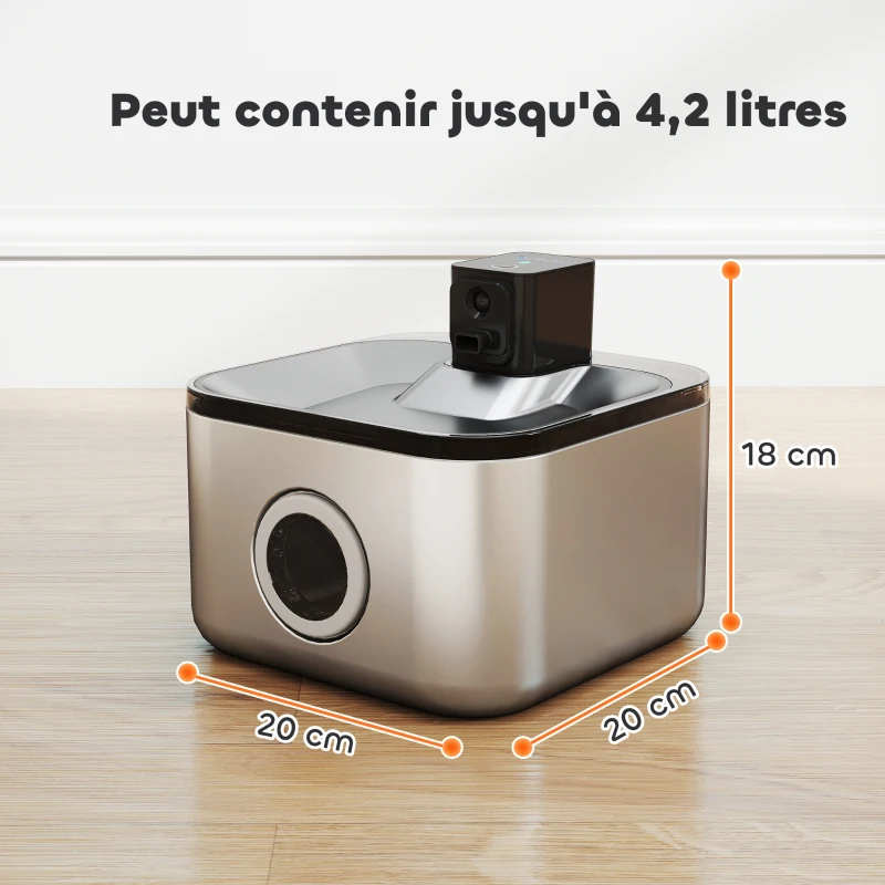 PawHut Fontaine à eau pour chat automatique en inox 4,2L, silencieuse, distributeur eau chat 3 filtre et chargeur USB, argent