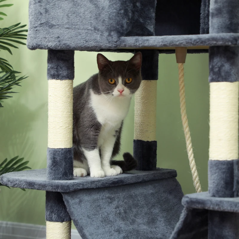 PawHut Arbre à chat 206 cm tour de jeux pour chat en peluche plusieurs niveaux idéal pour 1-3 chats 60 x 50 x 206 cm gris foncé