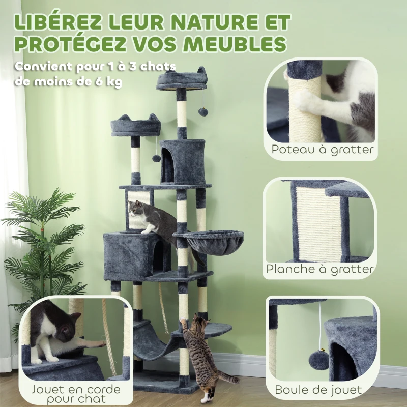 PawHut Arbre à chat 206 cm tour de jeux pour chat en peluche plusieurs niveaux idéal pour 1-3 chats 60 x 50 x 206 cm gris foncé