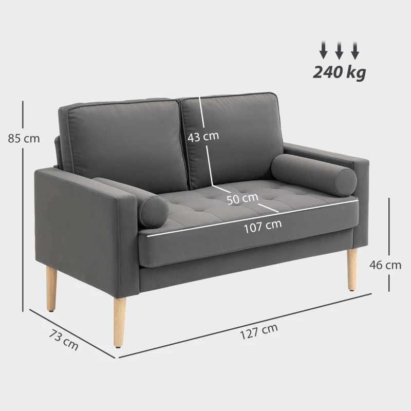 HOMCOM Canapé 2 places banquette moderne en velours 127 cm avec coussins épais, 2 oreillers et assise capitonnée, gris