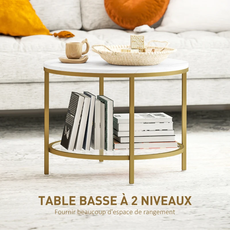 HOMCOM Table basse salon ronde moderne à 2 niveaux plateau effet marbre et étagère en verre trempé, Ø 60 x 45 cm, blanc et doré