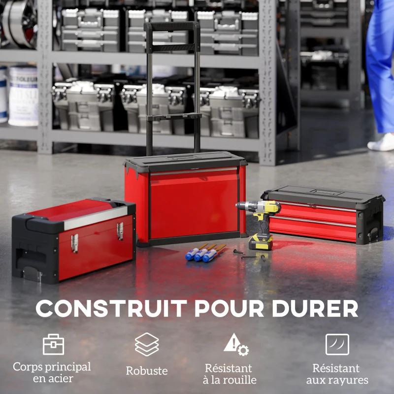 HOMCOM Lot de 3 boîtes à outils sur roulettes empilables et modulaires en acier avec plateau, poignées et serrure, rouge