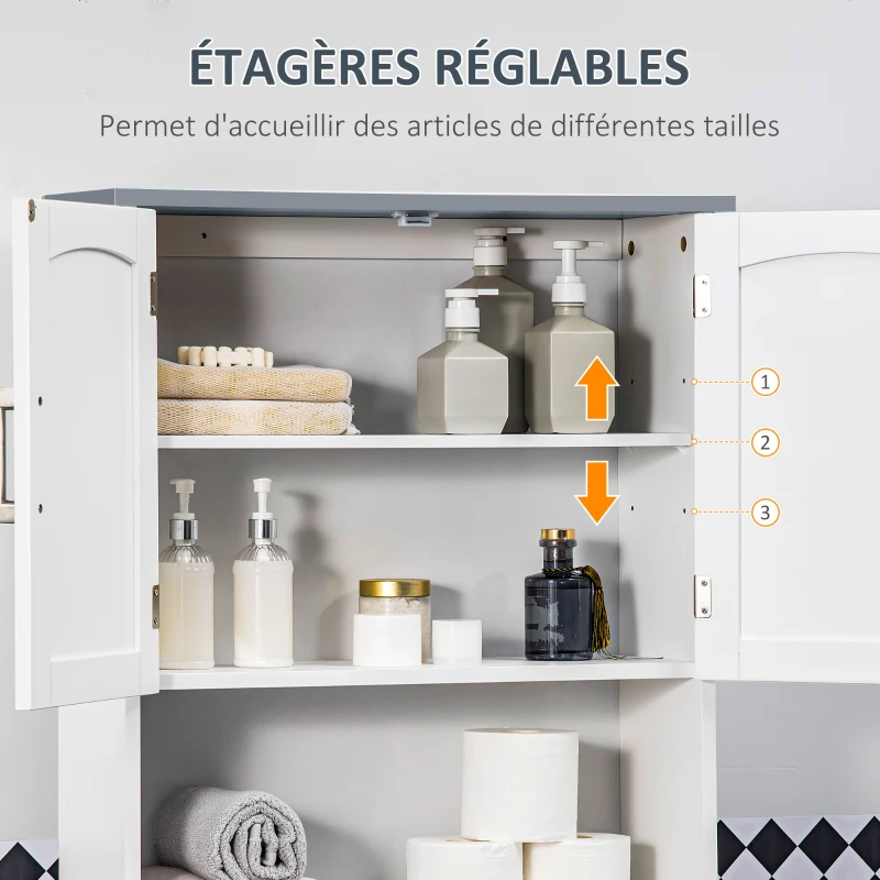 kleankin Meuble WC dessus de toilette avec placard à double porte, étagère réglable et compartiments ouverts, blanc