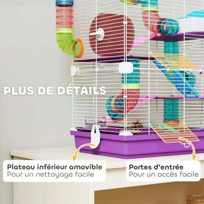 PawHut Cage pour hamster rongeur 4 étages avec tunnels mangeoire roue maison échelles 46 x 30 x 58 cm violet(m-7)