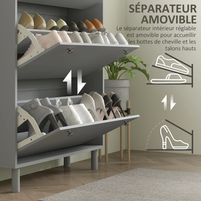 HOMCOM Meuble à chaussures 24 paires avec 3 tiroirs rabattables et étagères réglables, 80x23,5x121cm, gris