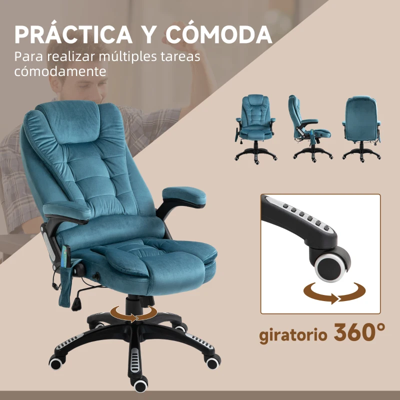 Vinsetto Silla Oficina con Masaje de 6 Puntos con Función Basculante con Calefacción Altura Ajustable 68x72x110-120 cm Azul