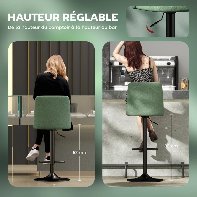 HOMCOM Lot de 2 tabourets de bar pivotants rembourrés à hauteur réglable avec dossier et repose-pieds, vert