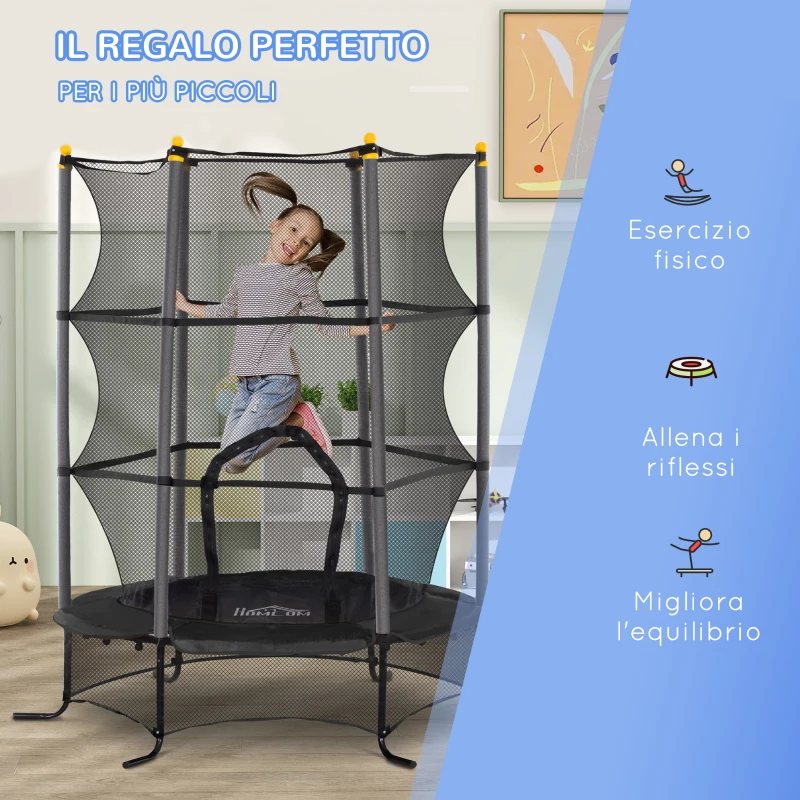 HOMCOM Trampolino Elastico per Bambini Ø1.6x1.9 m con Rete di Sicurezza e Pali Imbottiti, Età 3-10 Anni, Nero