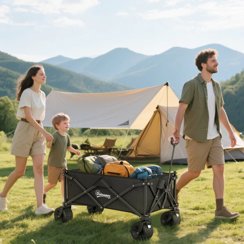 Outsunny Folding Garden Trolley, Outdoor Wagon Cart with Carry Bag, for Beach, Camping, Festival, 120KG Capacity, Black