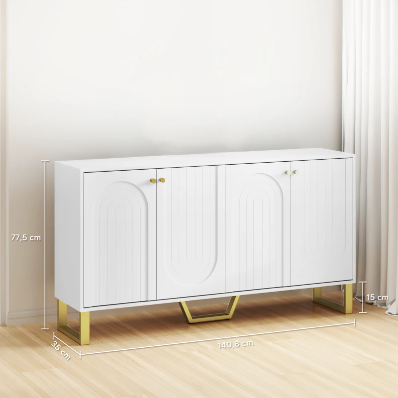 HOMCOM Aparador con 4 Puertas Arqueadas Estantes Ajustables y Patas Doradas 140,8x35x77,5 cm Blanco