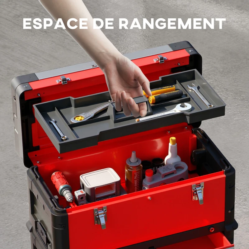 HOMCOM Lot de 3 boîtes à outils sur roulettes empilables et modulaires en acier avec plateau, poignées et serrure, rouge