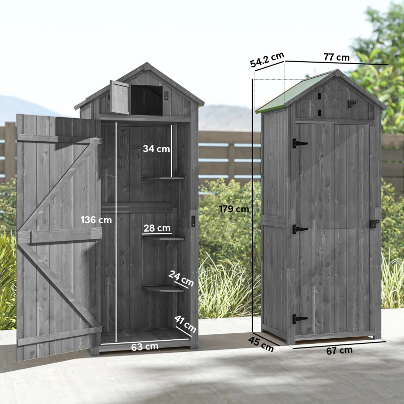 Outsunny Wooden Garden Shed, Utility Outdoor Small Shed with Lockable Double Doors, Shelves and Roof Hatch, Grey