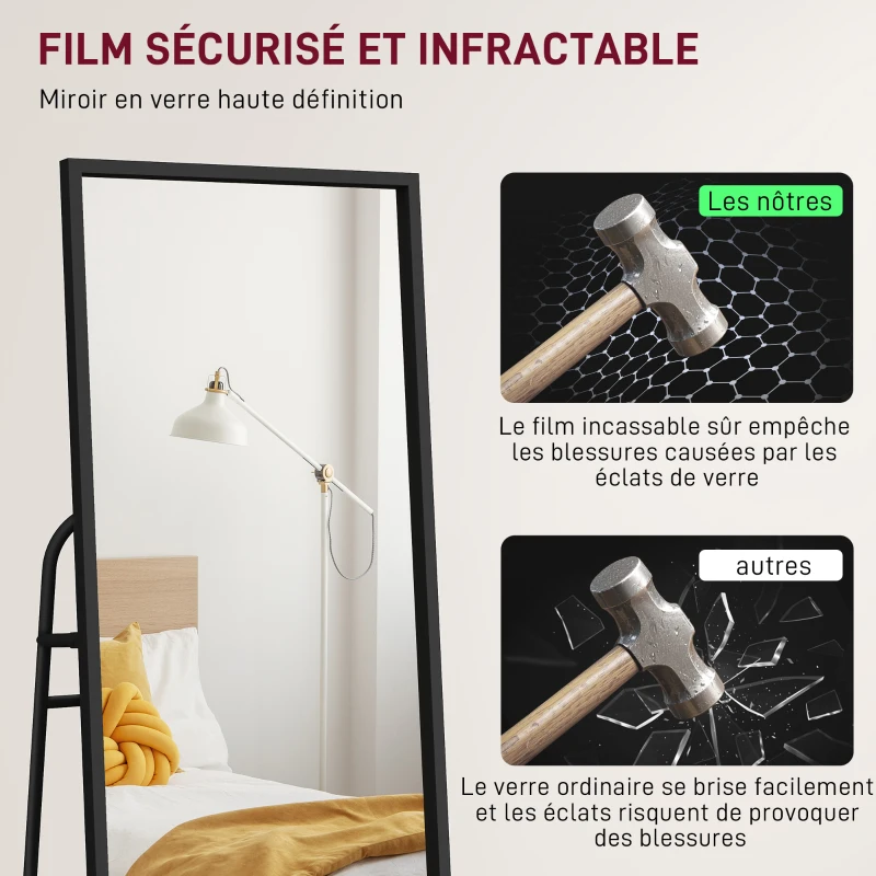 HOMCOM Miroir sur pied 148,5 x 40 cm rectangulaire avec étagère arrière, 2 crochets et cadre en métal, noir