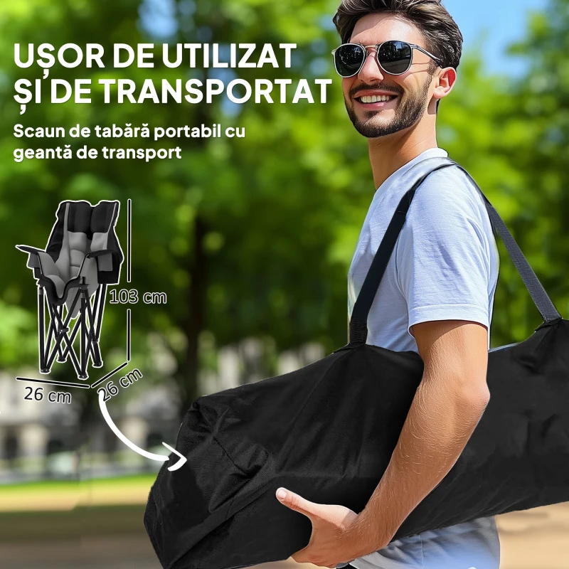 Outsunny Scaun de Camping Pliabil cu 2 Suporturi pentru Pahare și Buzunare Laterale, 99x71x103 cm, Gri