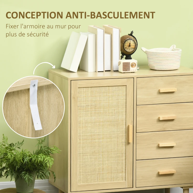 HOMCOM Buffet rotin avec placards à porte cannage et 4 tiroir, 80 x 38 x 80,5 cm, effet bois naturel